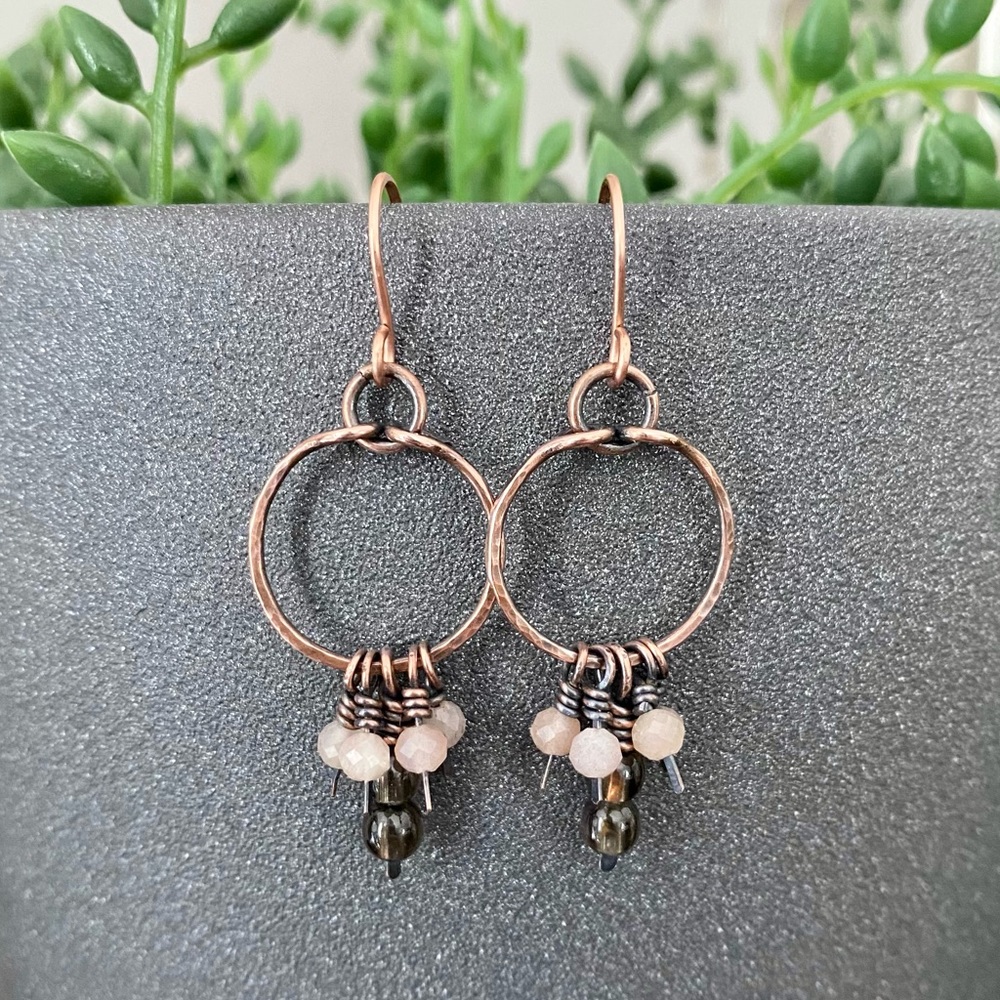Handcrafted Peach Moonstone + Smoky Quartz Copper Dangle Hoop Earrings